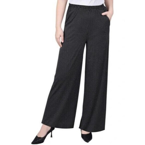 NY Collection Pants - NY Collection Womens Petite Wide Leg Pant Pull On In Black White Taranto Dot PXL